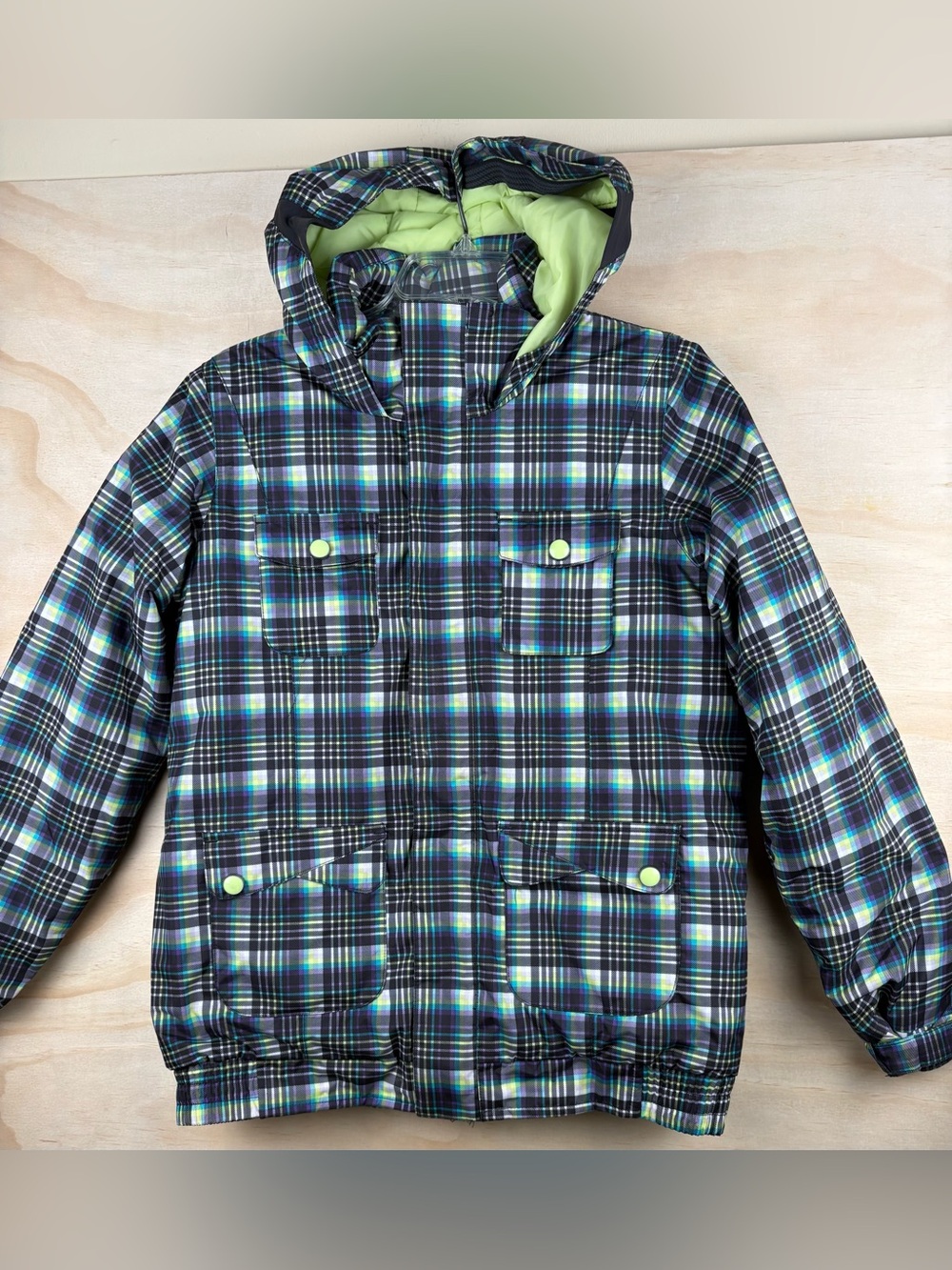 Burton Jacket Kids Large Green Plaid Twist Bomber Dryride Ski Snowboard Winter